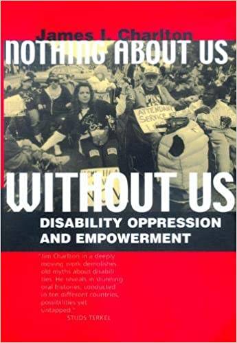 "Nothing About Us Without Us" book cover featuring a black and white photo of a group of people with protest signs.